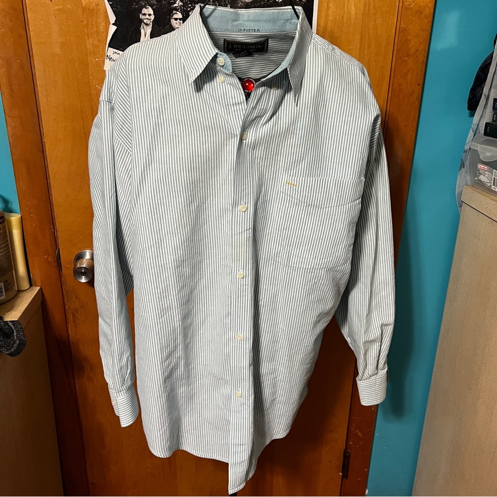 J. Riggings blue white striped button down shirt cotton size XL stain